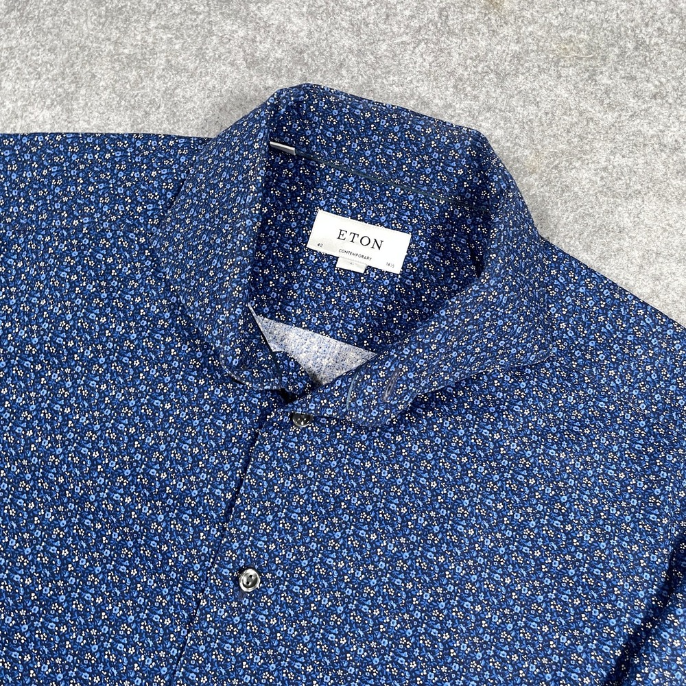 Eton Mens Button Down Shirt 16.5 42 Blue Micro Floral Contemporary Fit